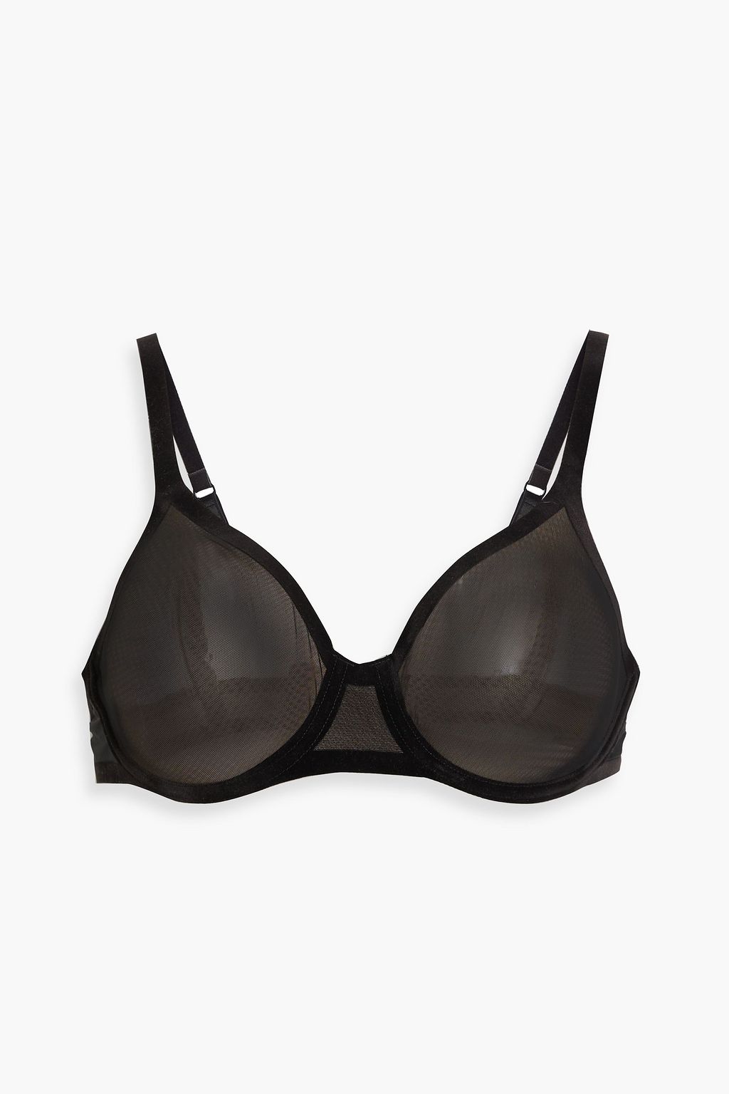 Velvet-trimmed stretch-tulle underwired bra