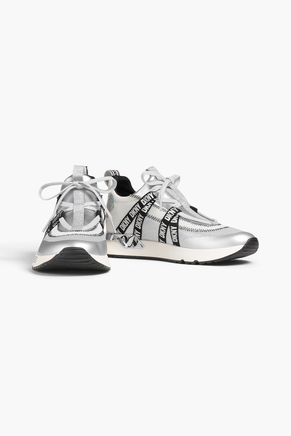 Dkny Nash Logo-print Metallic Scuba And Mesh Trainers In Silver/white