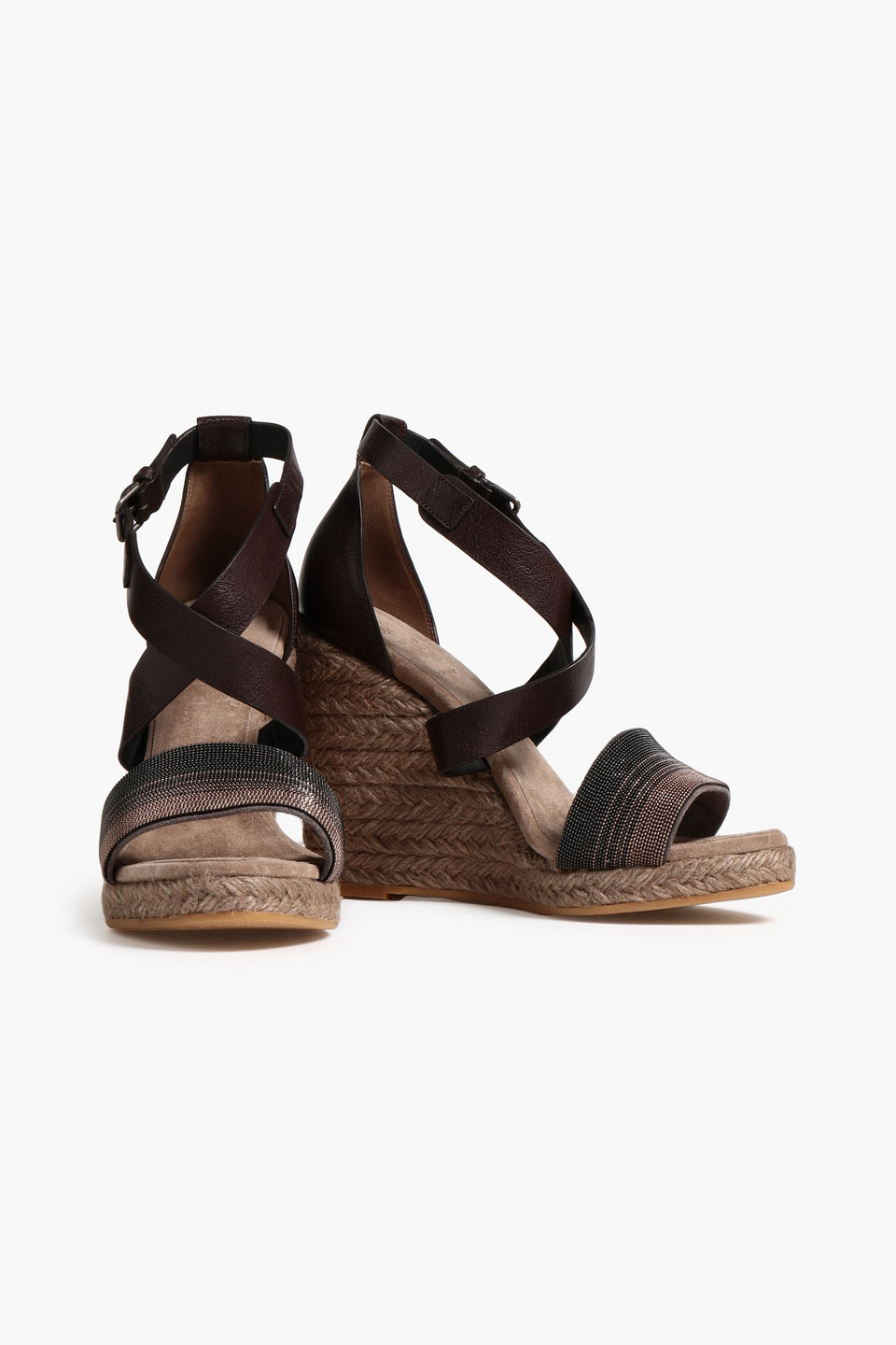 Brunello Cucinelli Bead-embellished Pebbled-leather Wedge Espadrilles In Brown