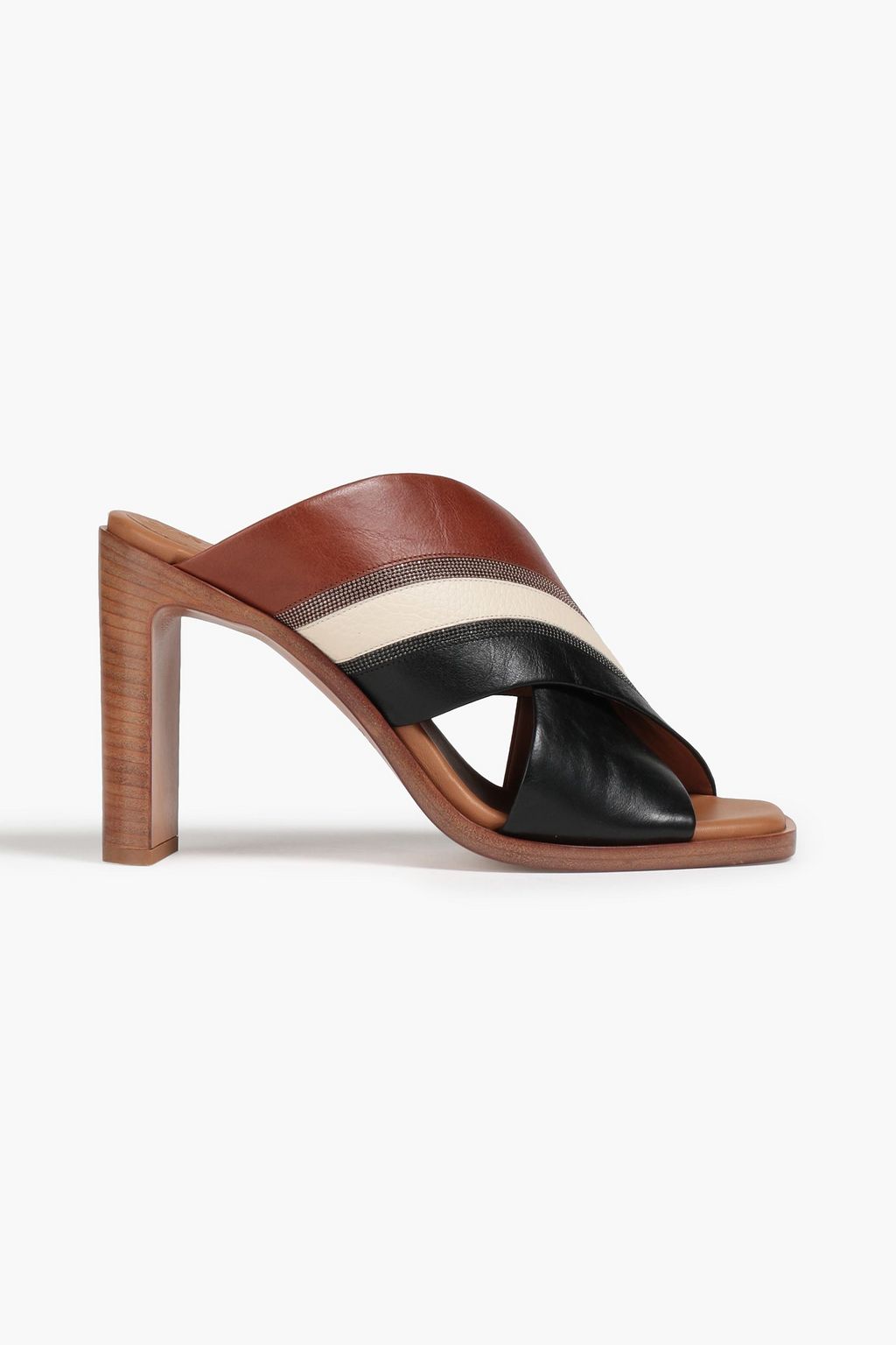 Tan Bead-embellished leather mules 