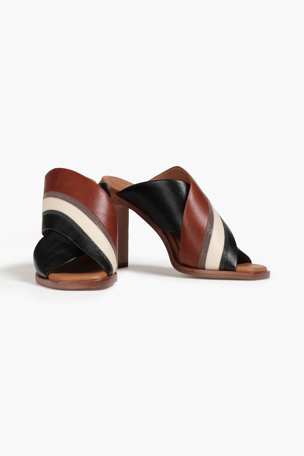 Tan Bead-embellished leather mules 