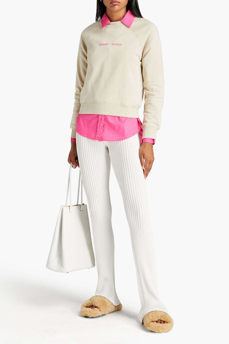 Samsoe & Samsoe Flocked Organic Cotton-blend Fleece Sweatshirt In Neutrals