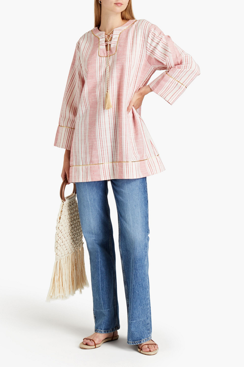 Bambah Tassel-trimmed Striped Linen Tunic In Pink