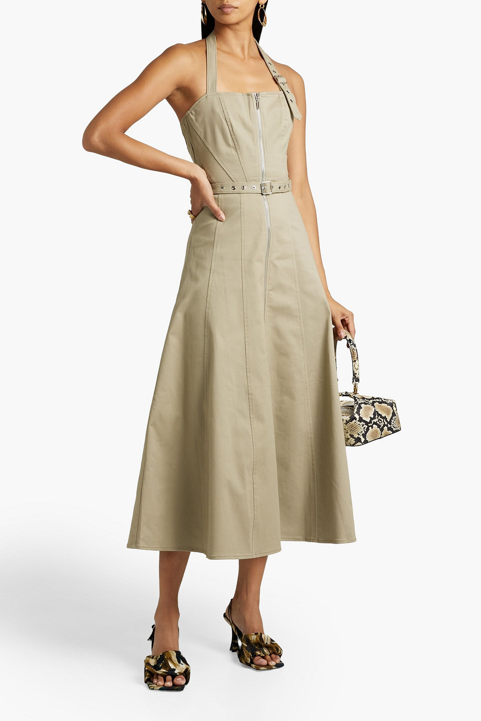Nicholas Delilah Buckle-detailed Cotton-blend Twill Halterneck Midi Dress In Sage Green