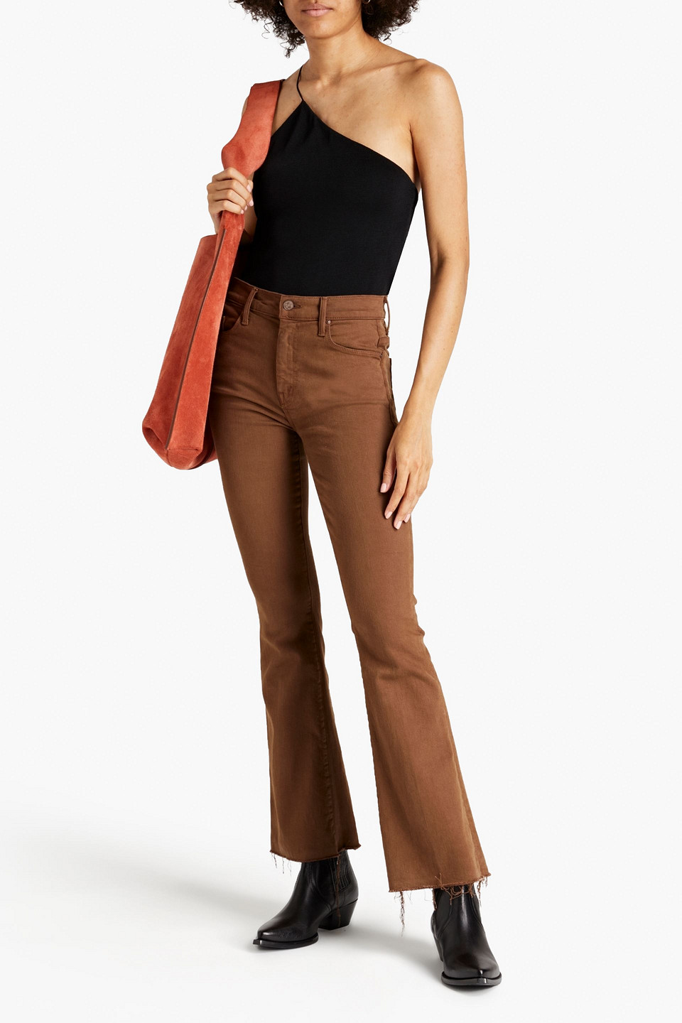 Mother The Weekender Frayed High-rise Flared Jeans In Brown