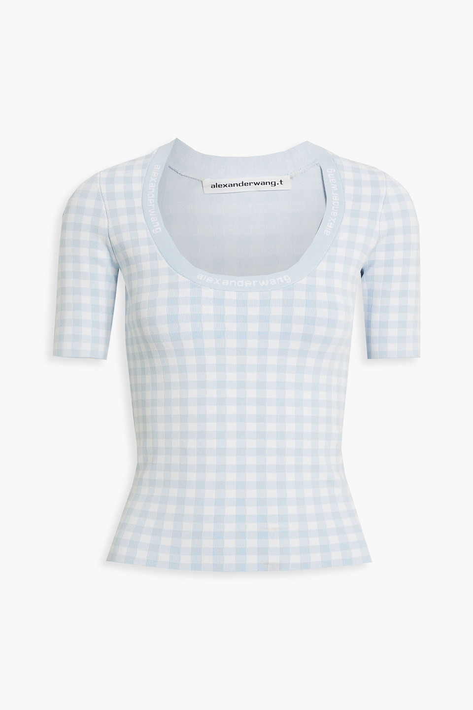 Alexander Wang T Jacquard-trimmed Gingham Stretch-knit Top In Light Blue