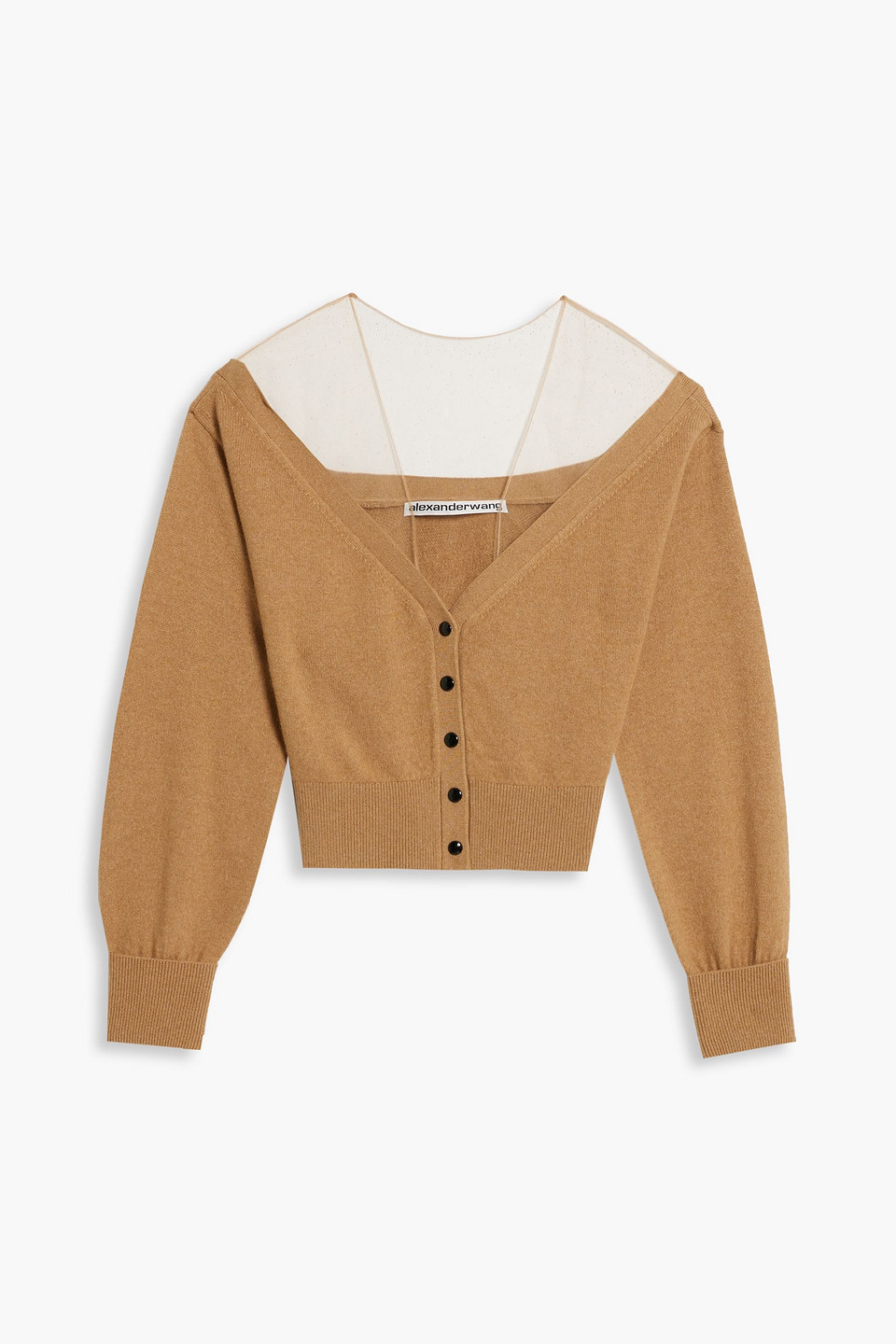 alexander wang - cropped tulle-paneled wool-blend cardigan - brown - xs