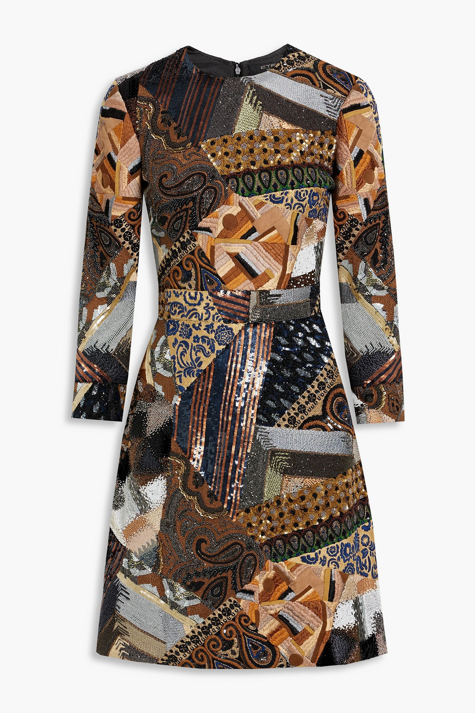 Etro Embellished Patchwork-effect Wool Dress In Light Brown