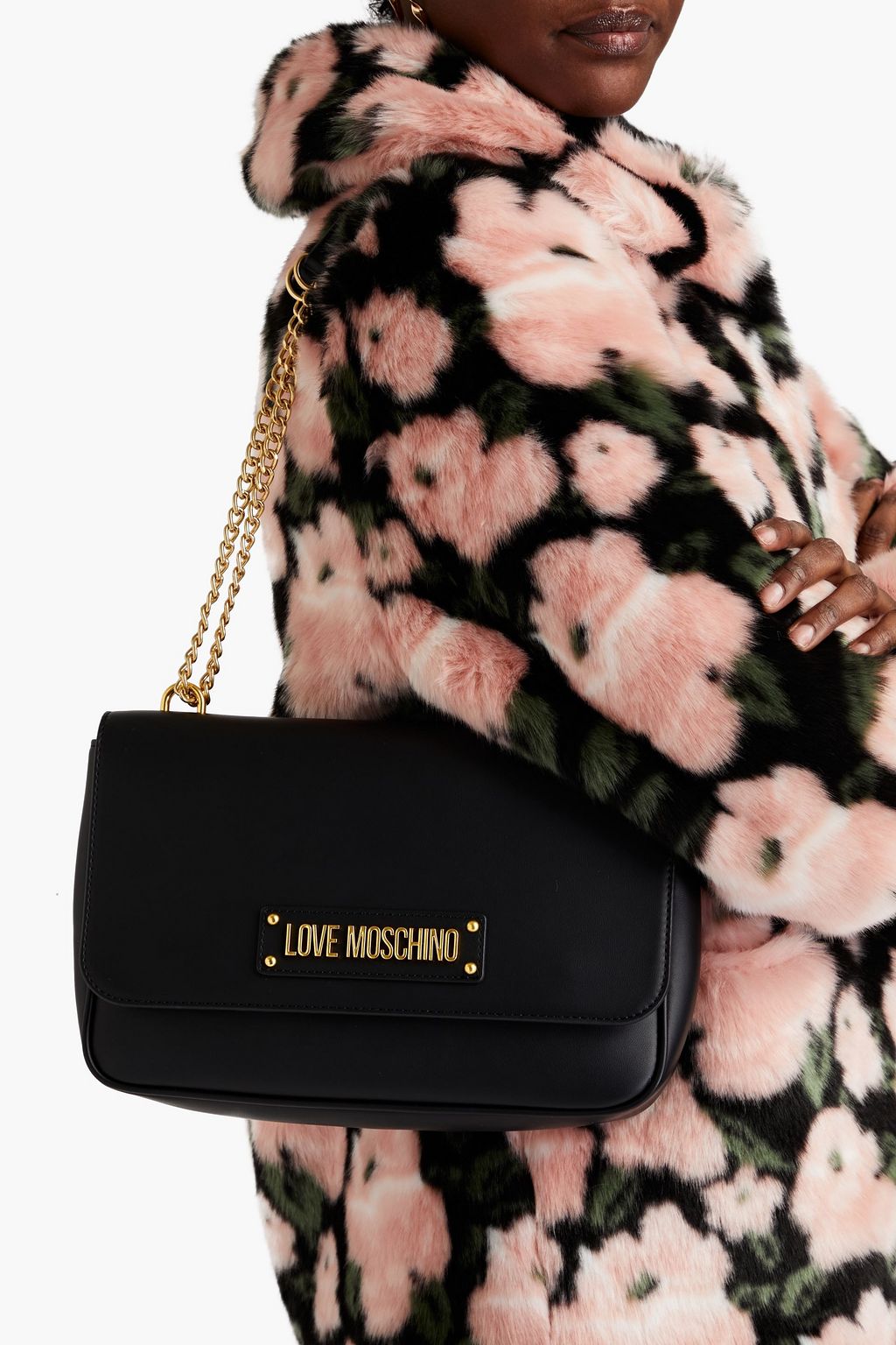 LOVE MOSCHINO Faux fur-trimmed faux leather shoulder bag