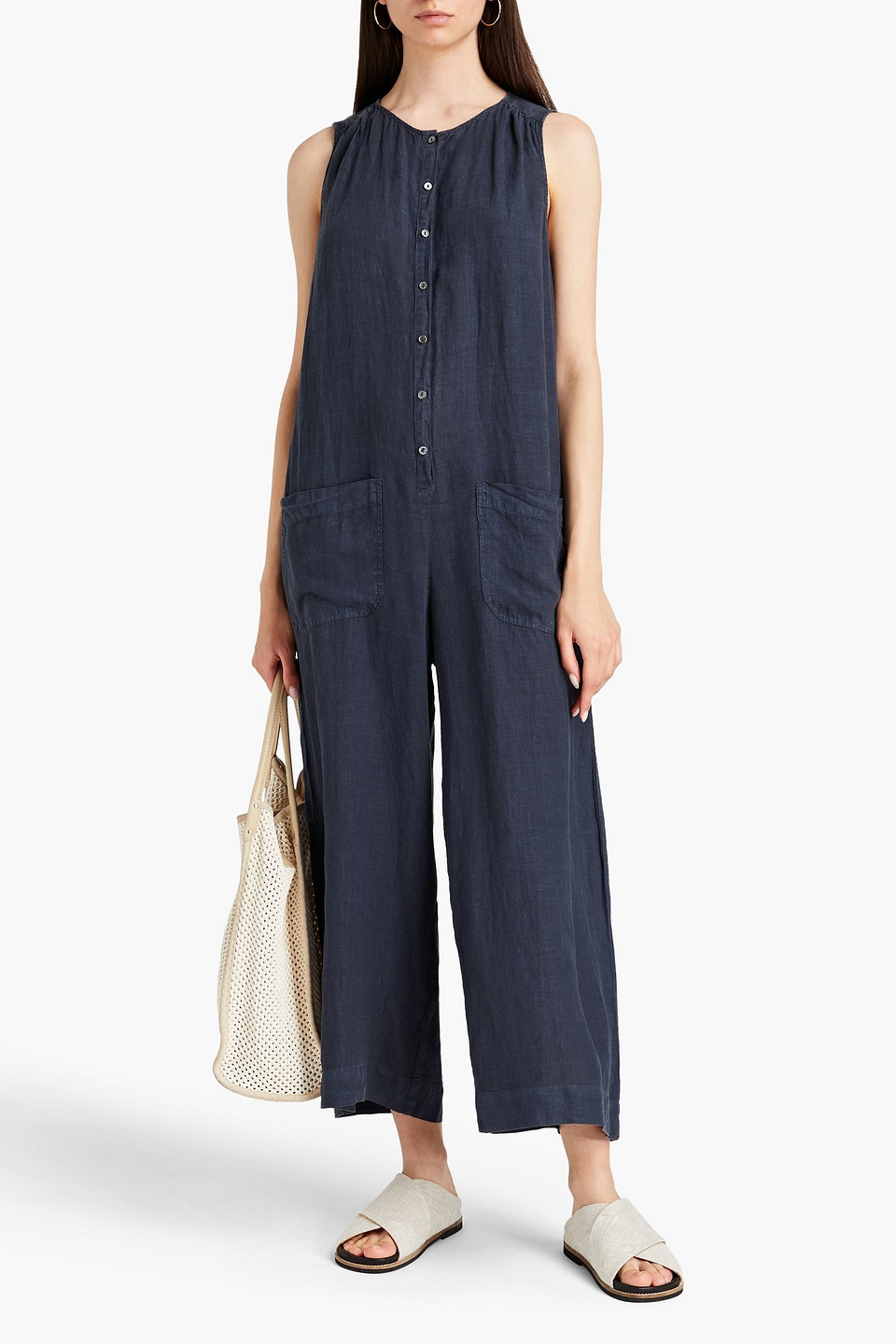 Velvet By Graham & Spencer Dani  Cropped Linen Wide-leg Jumpsuit In Blue