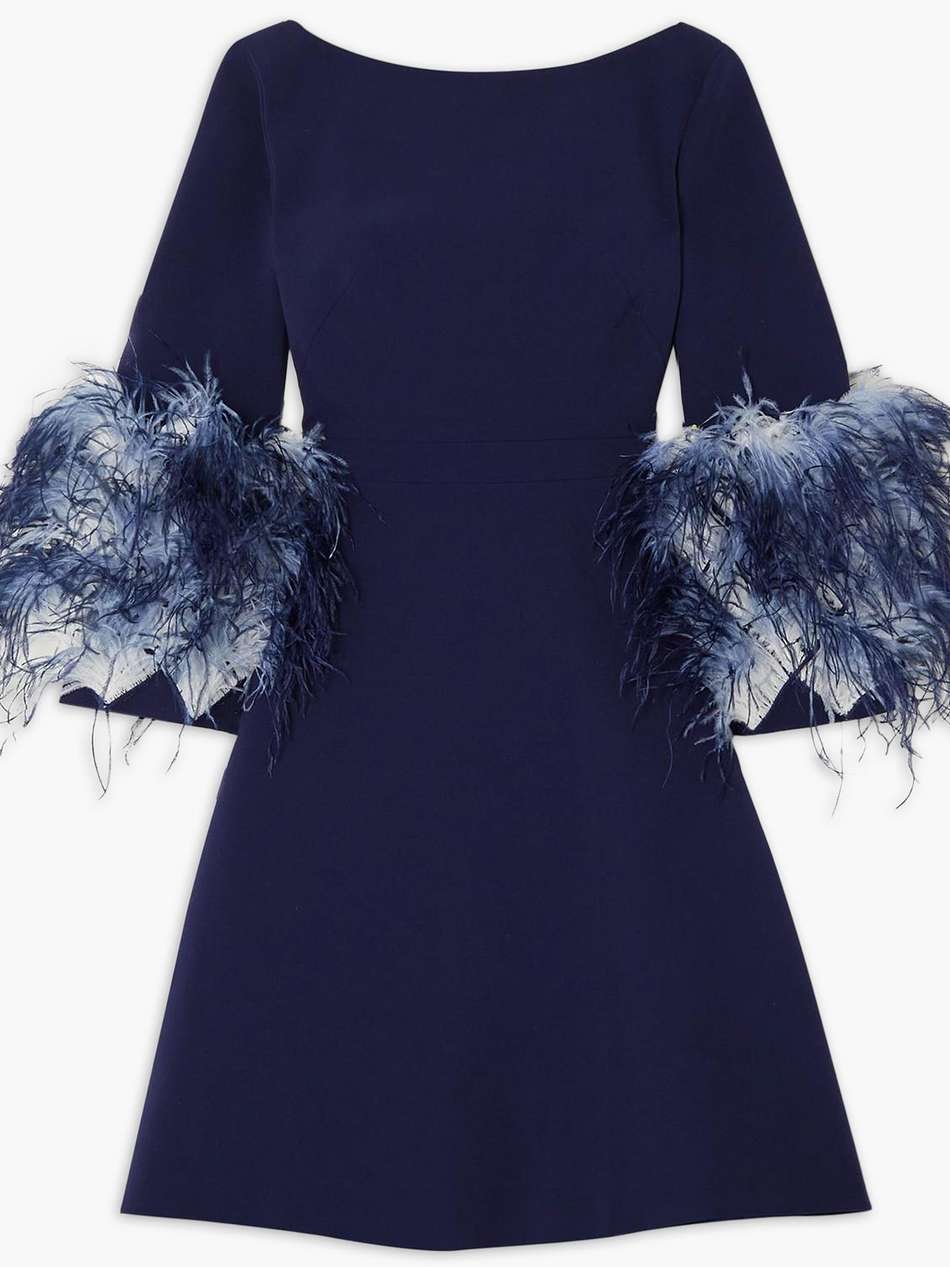 reign feather-trimmed crepe mini dress