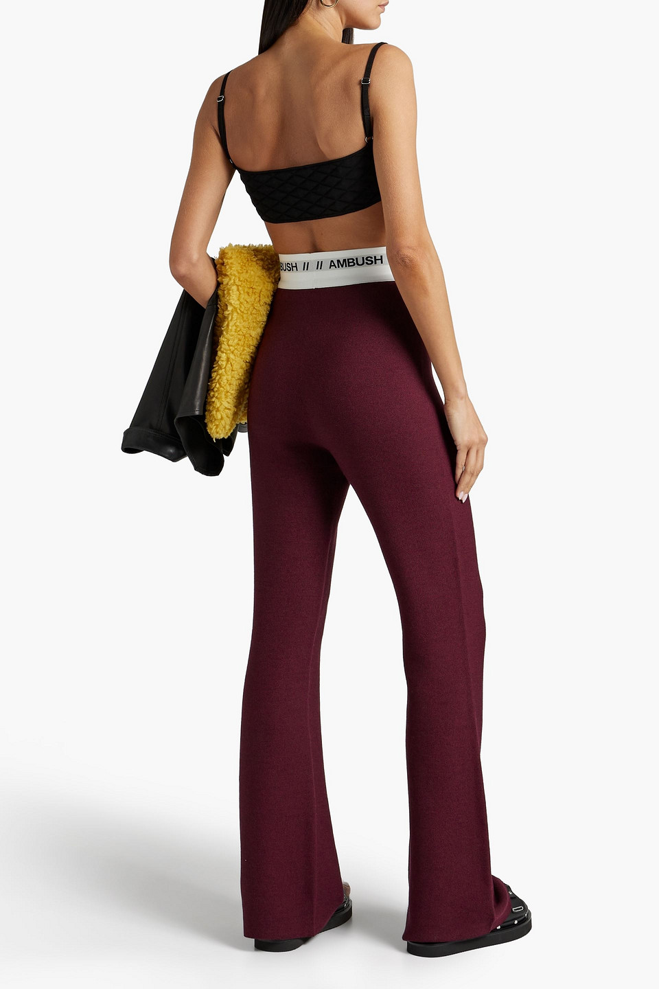 Shop Ambush Monogram-trimmed Woven Flared Pants In Burgundy