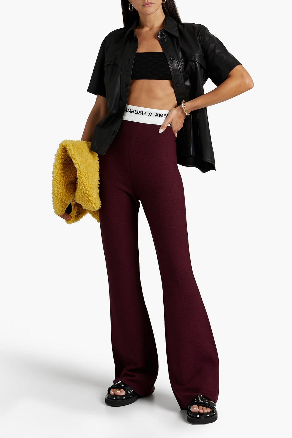 Shop Ambush Monogram-trimmed Woven Flared Pants In Burgundy