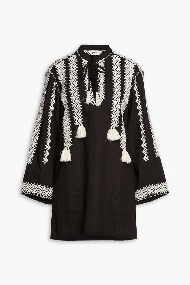 Embroidered tasseled cotton-canvas mini dress