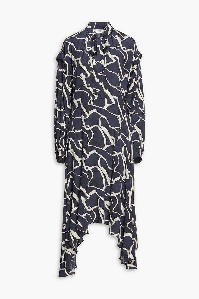 Pussy-bow gathered silk-crepe de chine midi dress