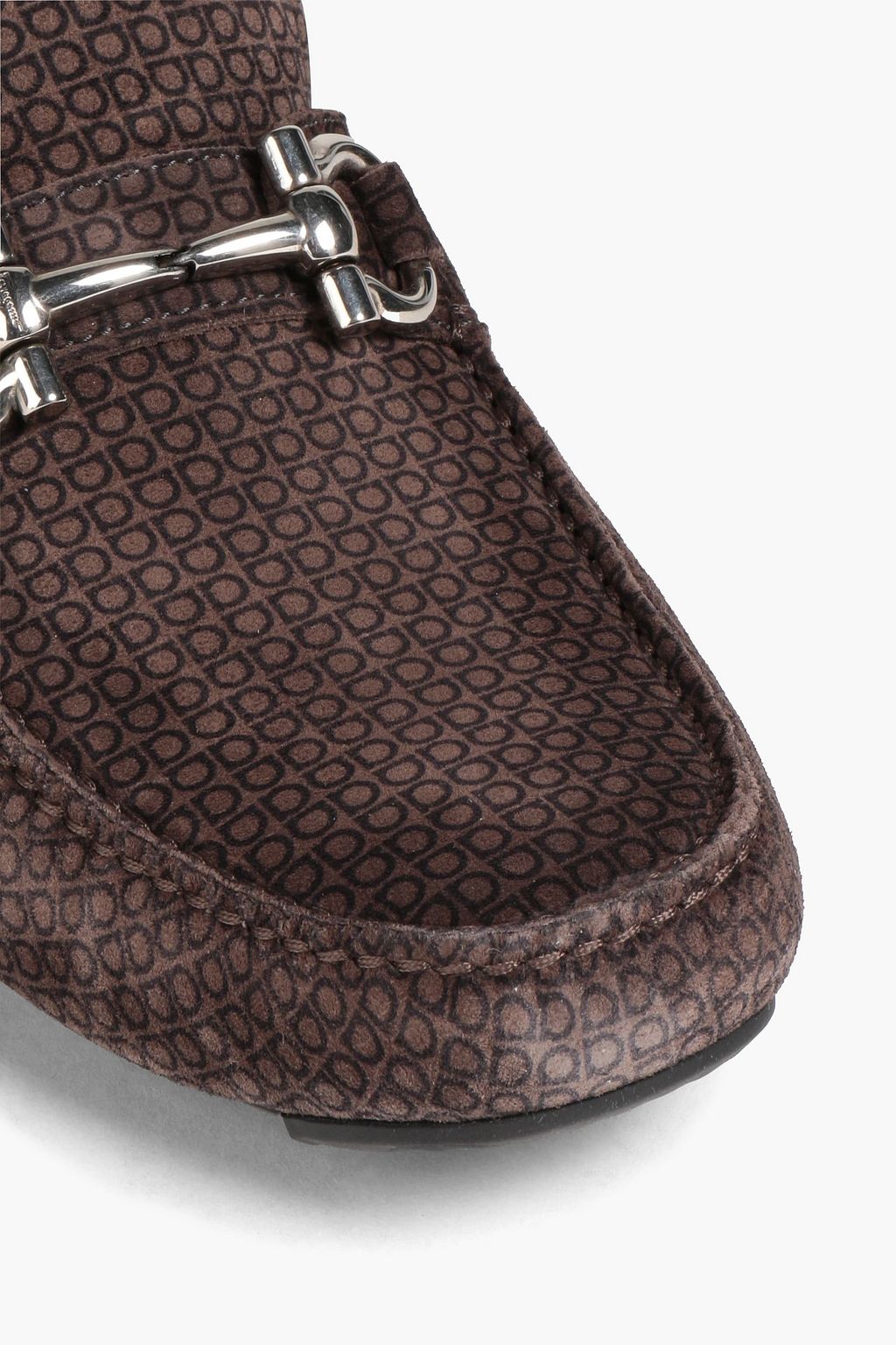 FERRAGAMO Embellished monogram-print suede loafers