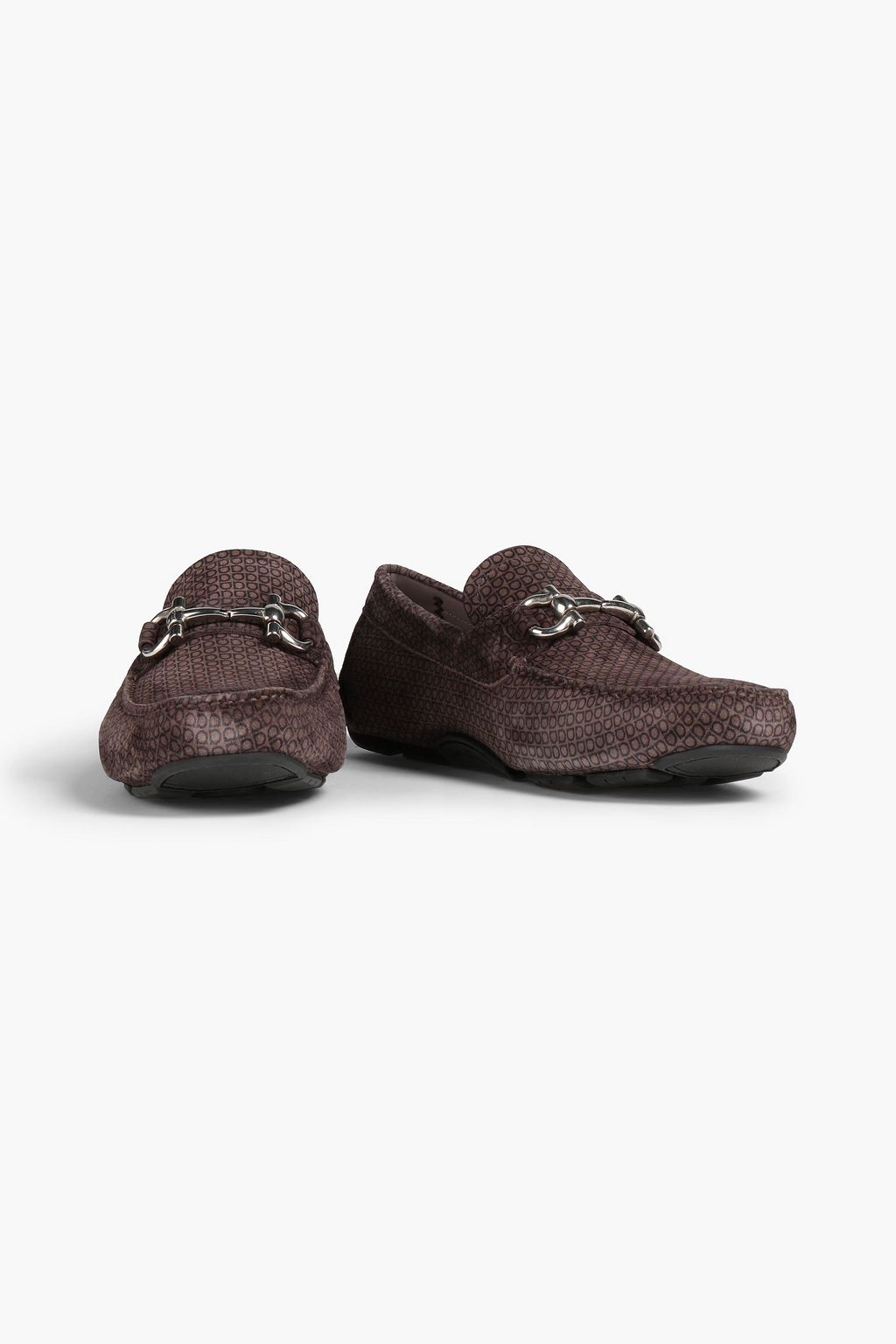 FERRAGAMO Embellished monogram-print suede loafers