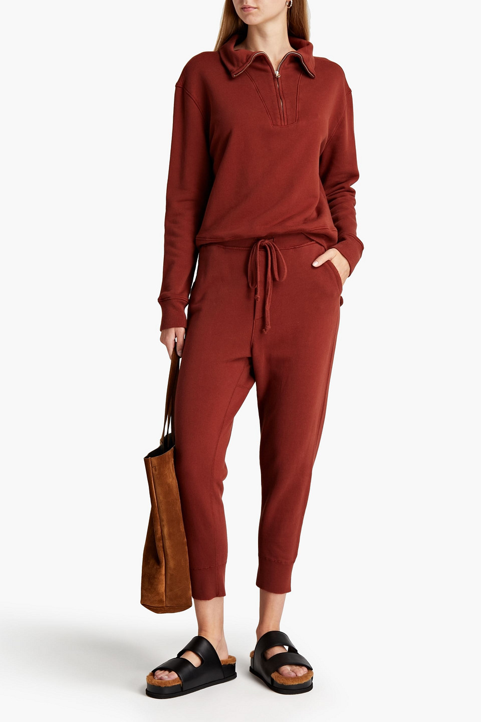 Nili Lotan Nolan Cropped French Cotton-terry Track Trousers In Brown