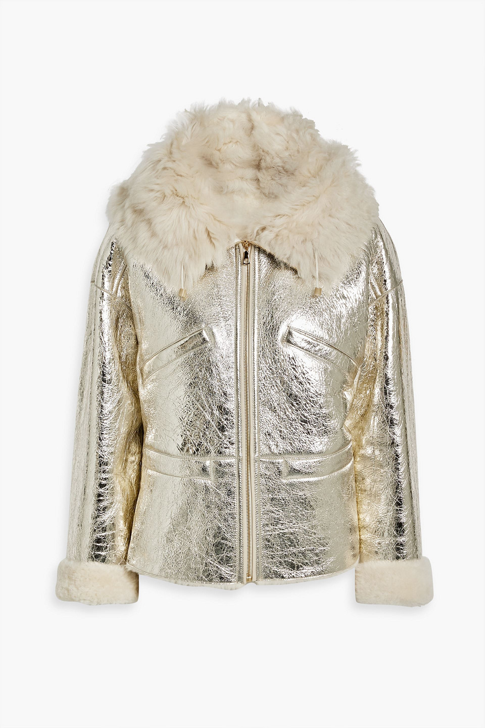 Yves Salomon Shearling-trimmed Metallic Cracked-leather Hooded Jacket In Gold