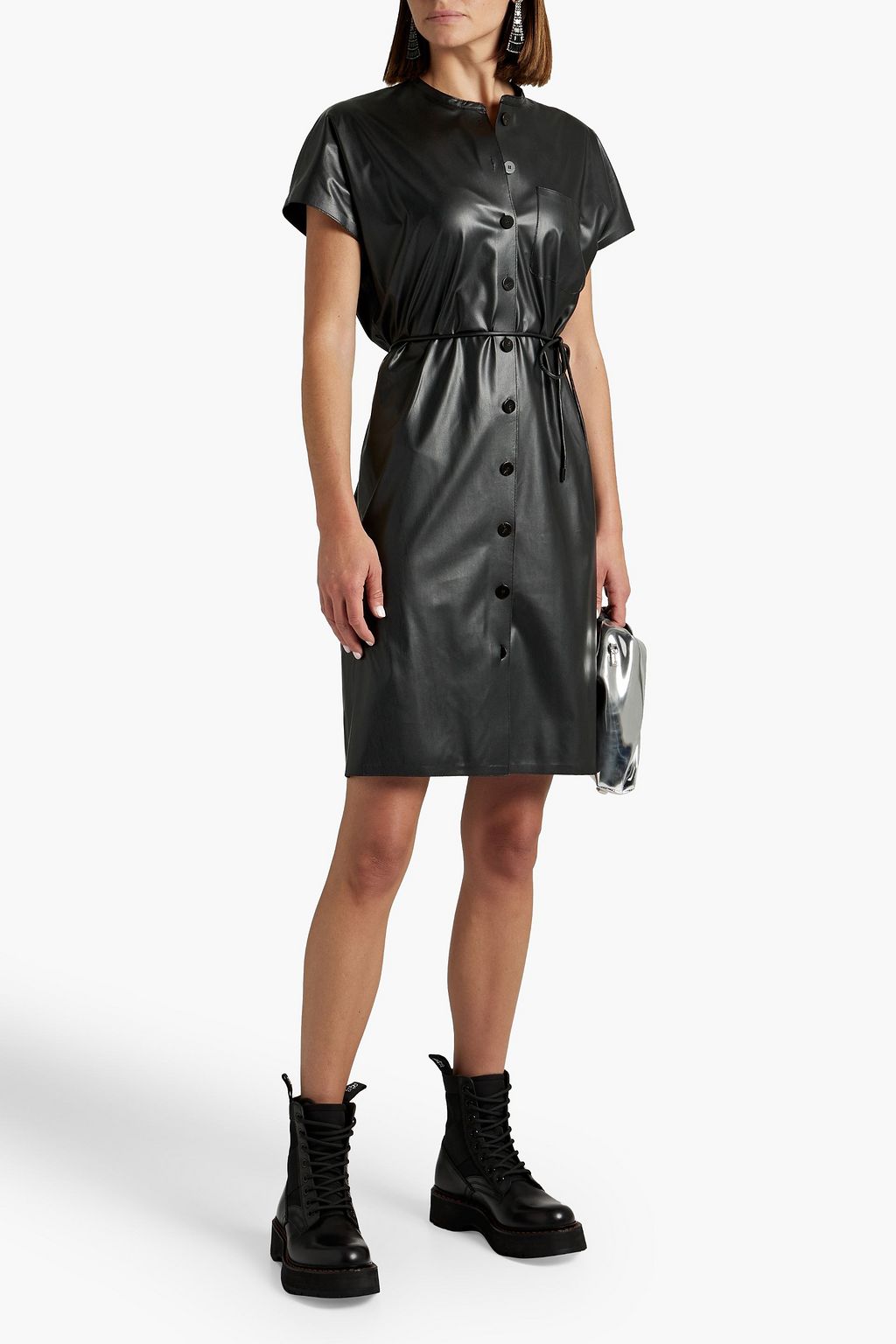 THEORY Belted faux leather mini shirt dress