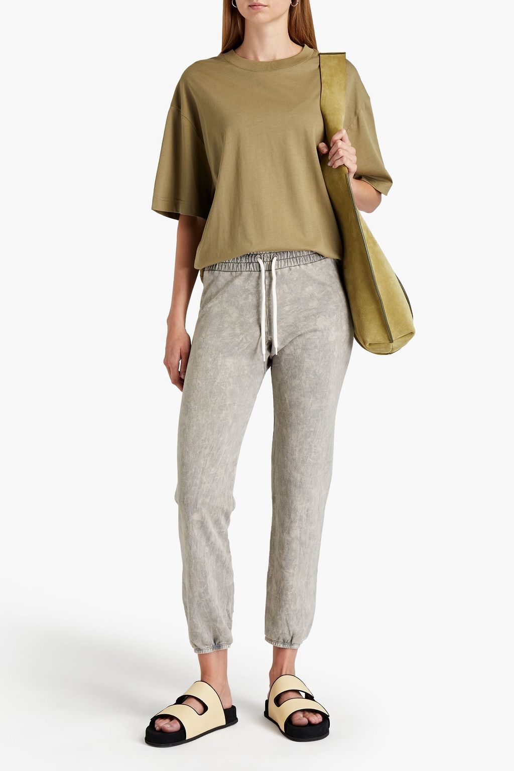 MONROW Cropped acid-wash cotton-blend fleece track pants