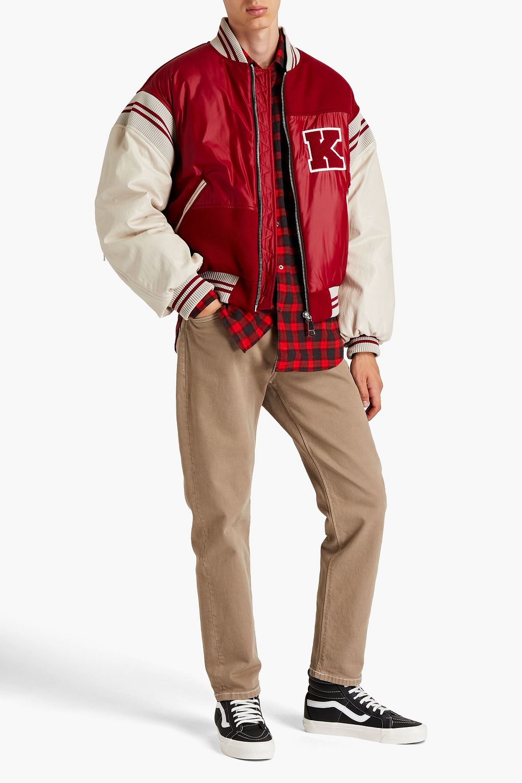 KHRISJOY Faux leather-paneled shell and felt down bomber jacket
