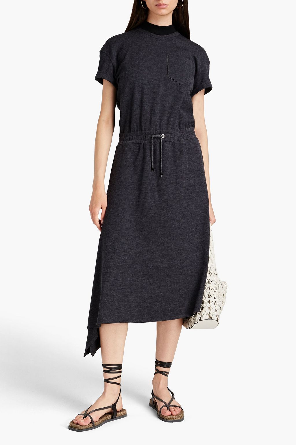 BRUNELLO CUCINELLI Asymmetric bead-embellished stretch-wool midi dress