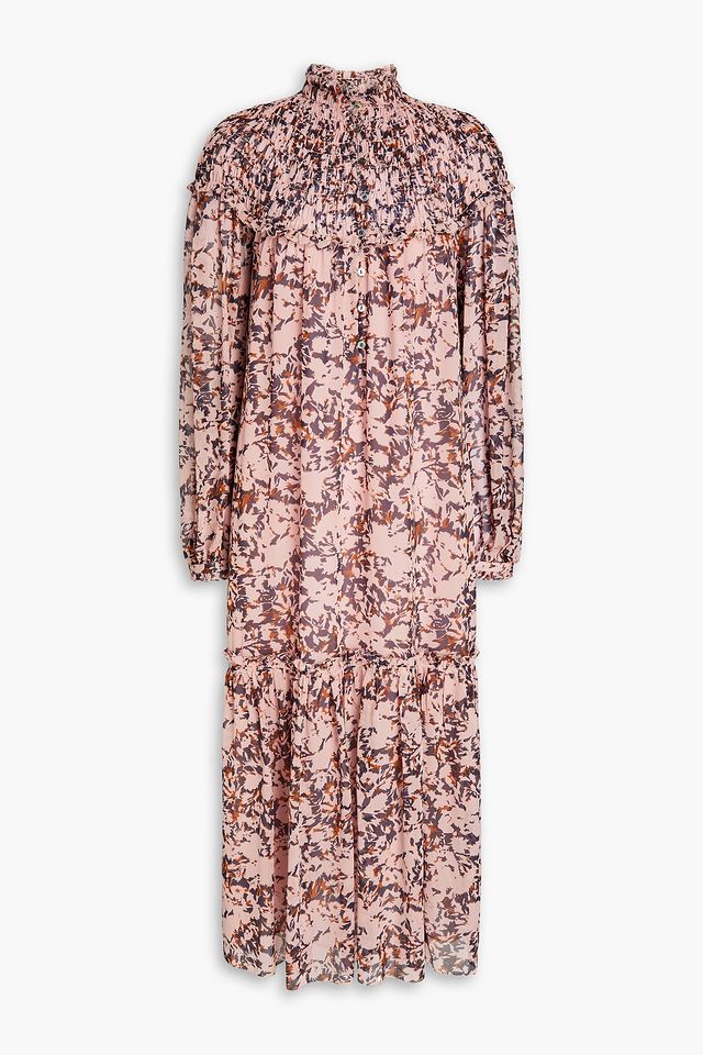 Belted shirred printed silk georgette midi dress