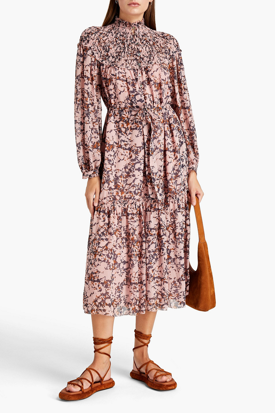 Joie Belted Shirred Printed Silk Georgette Midi Dress In Baby Pink