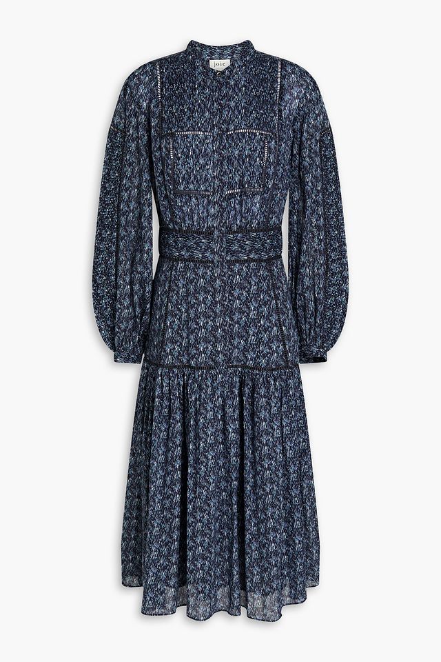 Gathered lattice-trimmed printed cotton midi dress