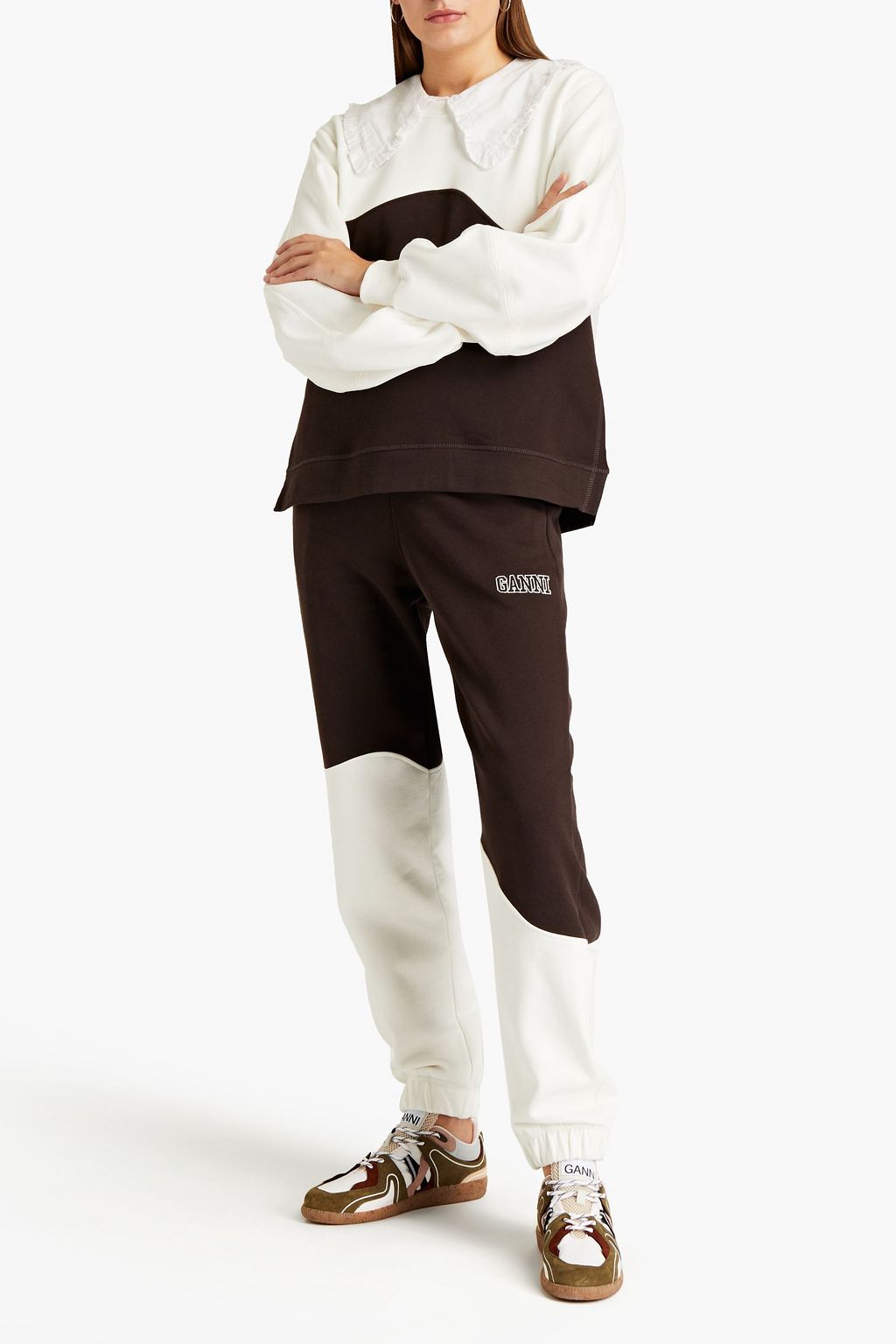 GANNI Logo-embroidered two-tone organic cotton-fleece track pants