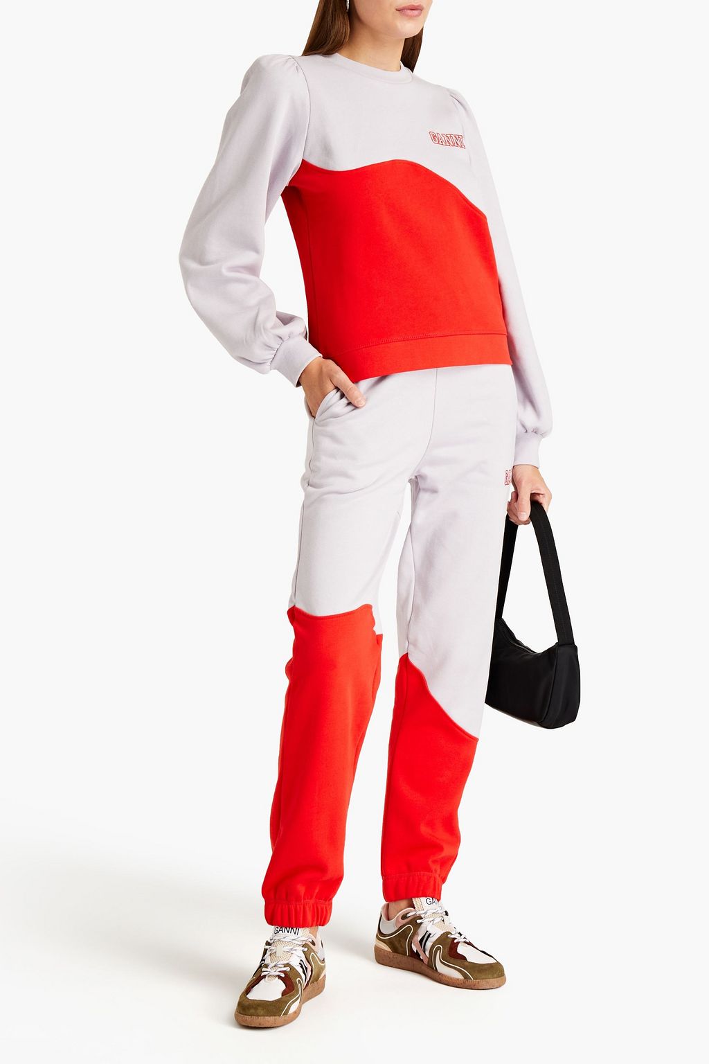 GANNI Logo-embroidered two-tone organic cotton-fleece track pants