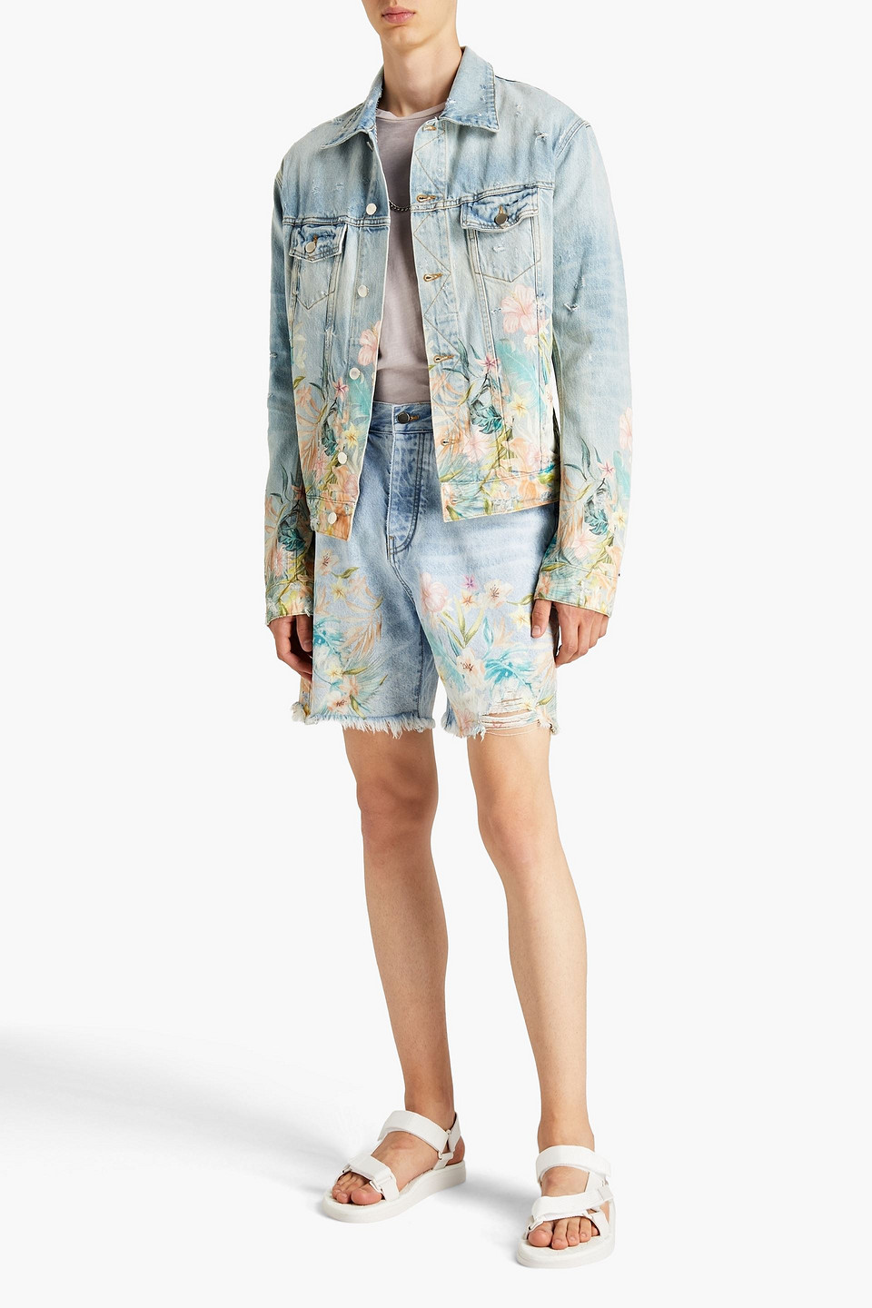 Amiri Man Distressed Floral-print Denim Jacket In Blue