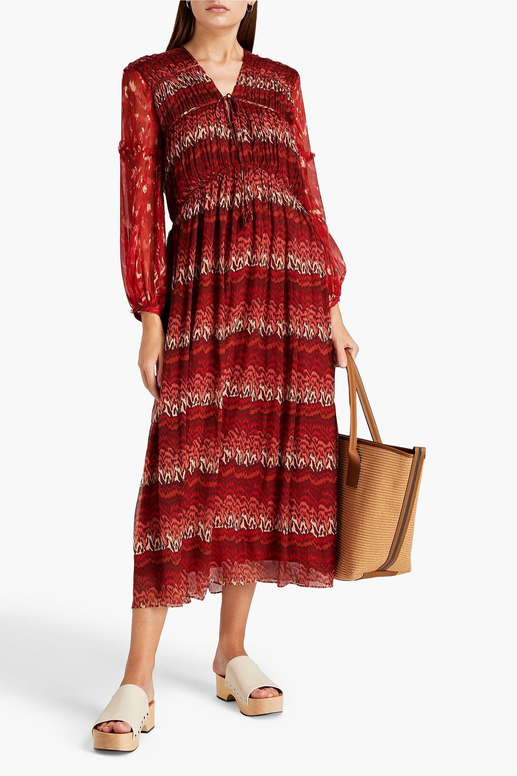 JOIE Gathered ruffle-trimmed printed silk-crepon midi dress | THE OUTNET