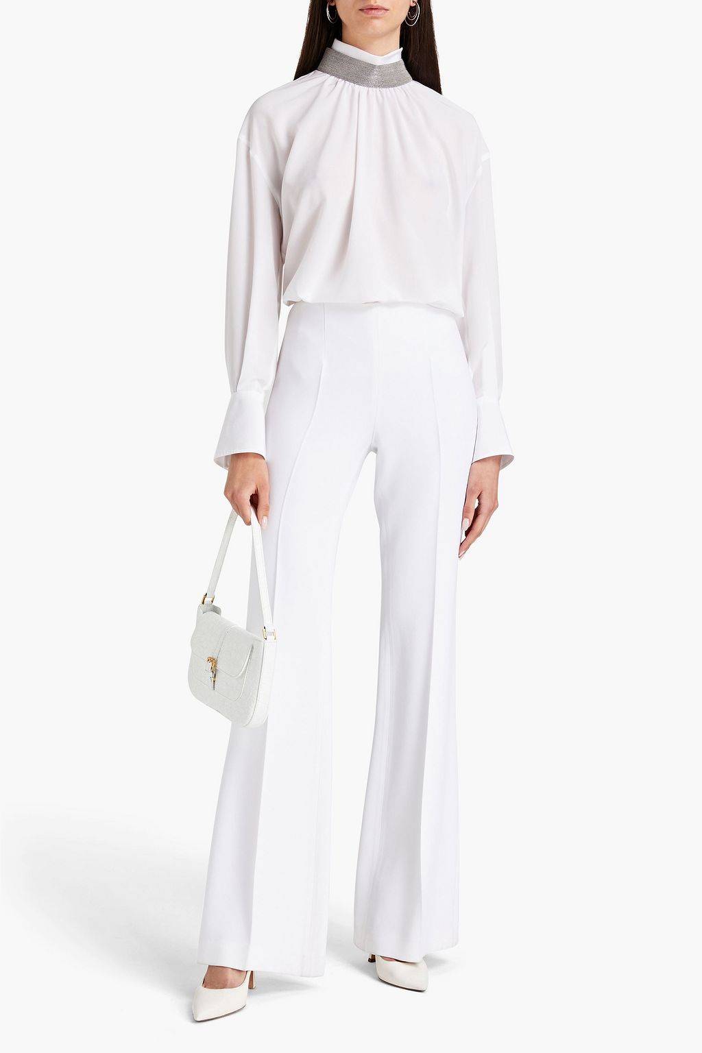 BRUNELLO CUCINELLI Bead-embellished gathered silk crepe de chine blouse