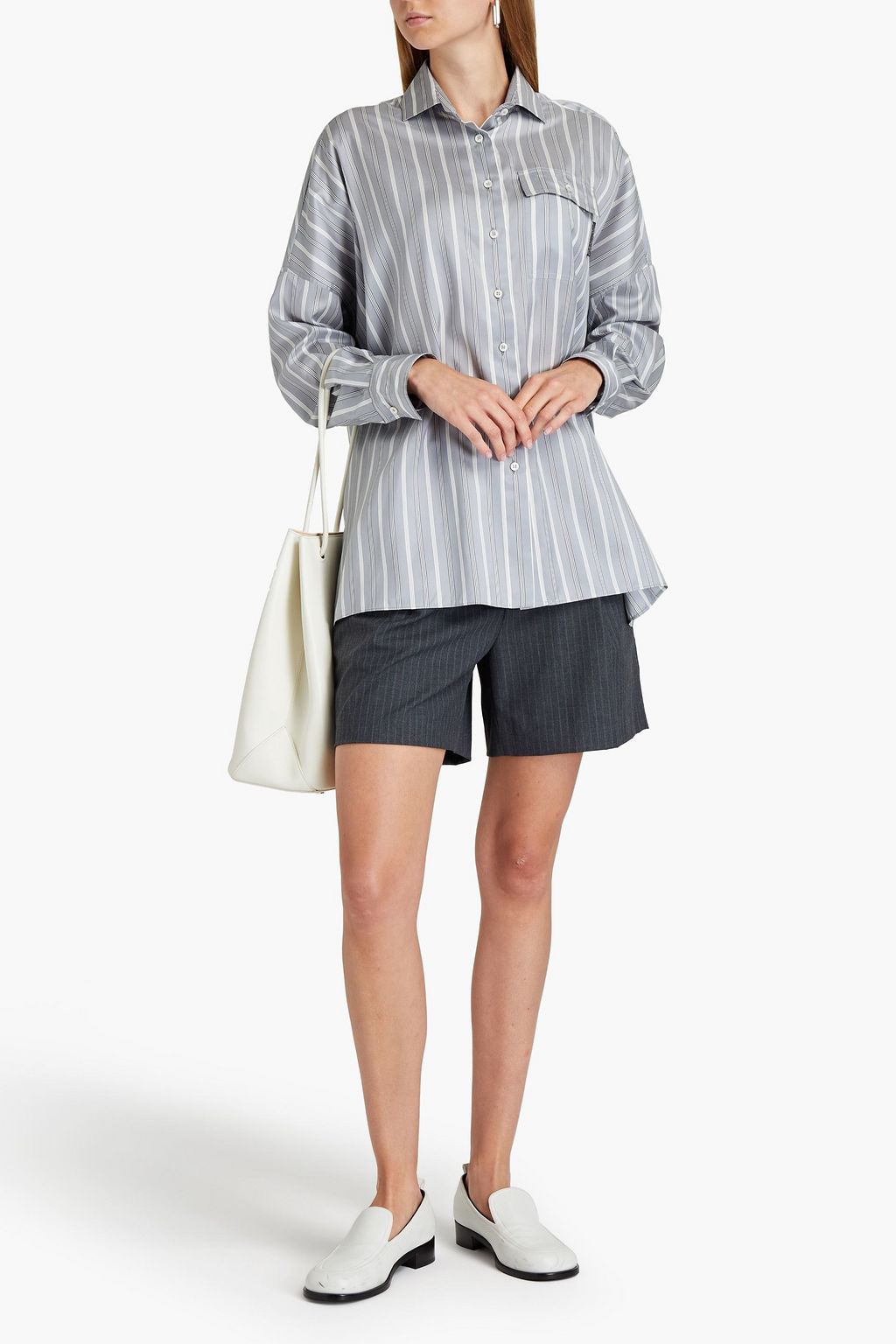 BRUNELLO CUCINELLI Gestreiftes Oversized-Hemd aus Seide mit Verzierung