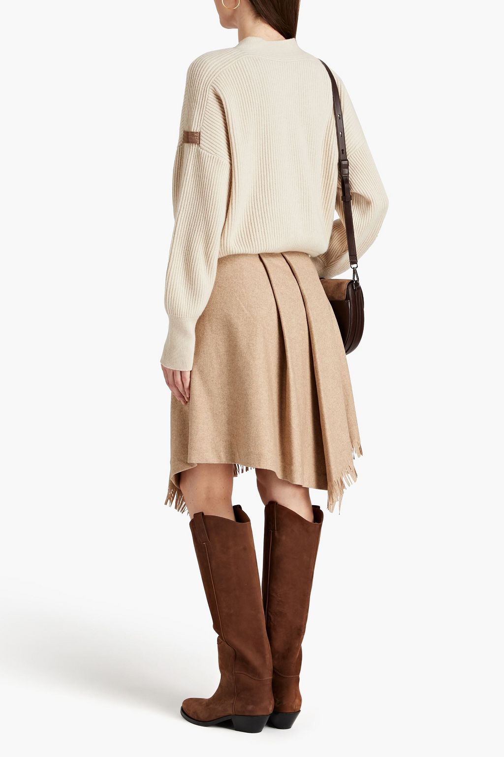 BRUNELLO CUCINELLI Pleated fringed wool-blend twill skirt