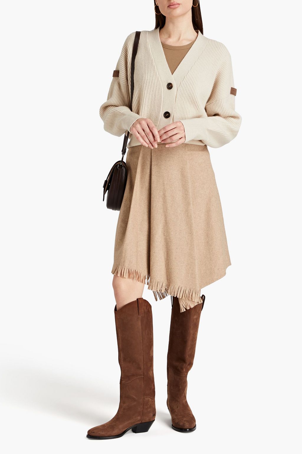 BRUNELLO CUCINELLI Pleated fringed wool-blend twill skirt