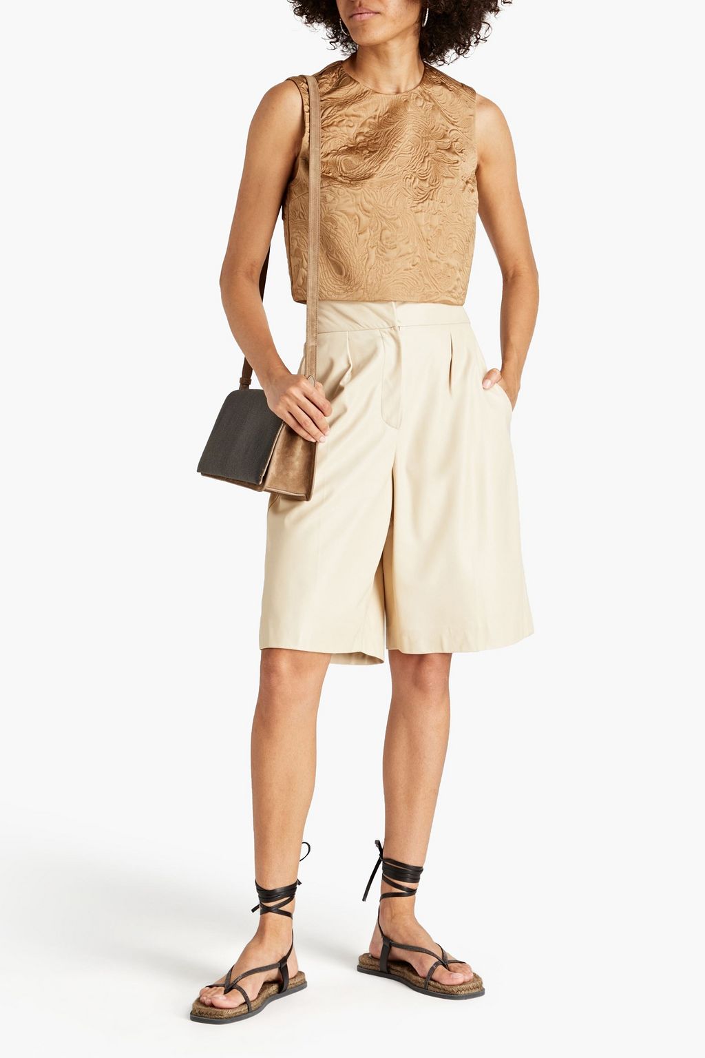 BRUNELLO CUCINELLI Cropped embroidered silk-blend cloqué top