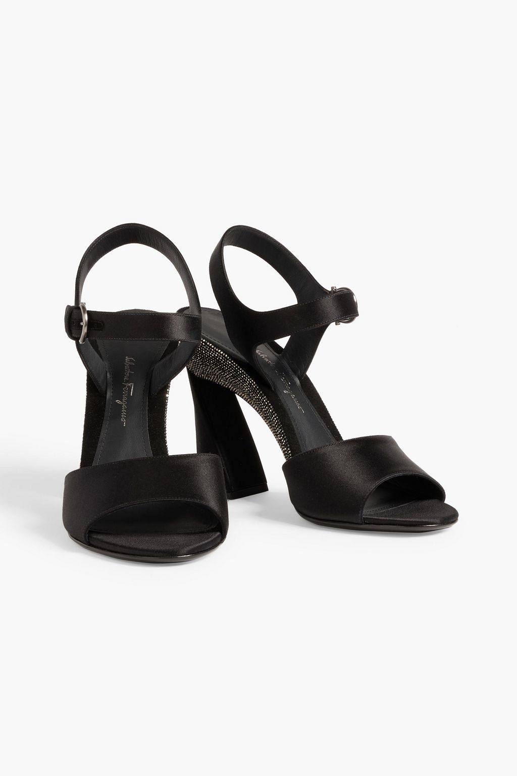 Black Aede crystal-embellished satin sandals | SALVATORE FERRAGAMO | THE OUTNET
