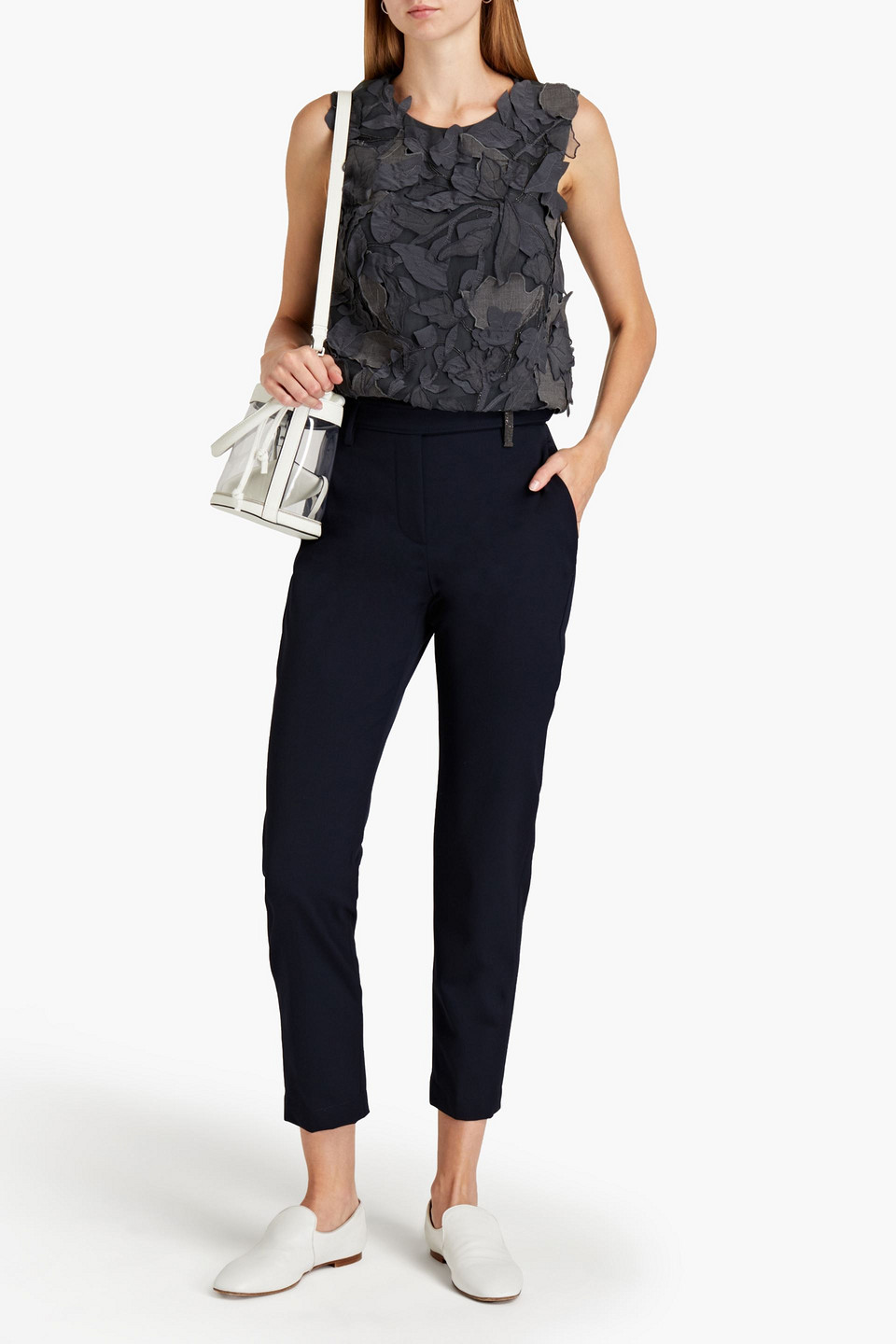 Brunello Cucinelli Cropped Bead-embellished Wool-blend Twill Tapered Trousers