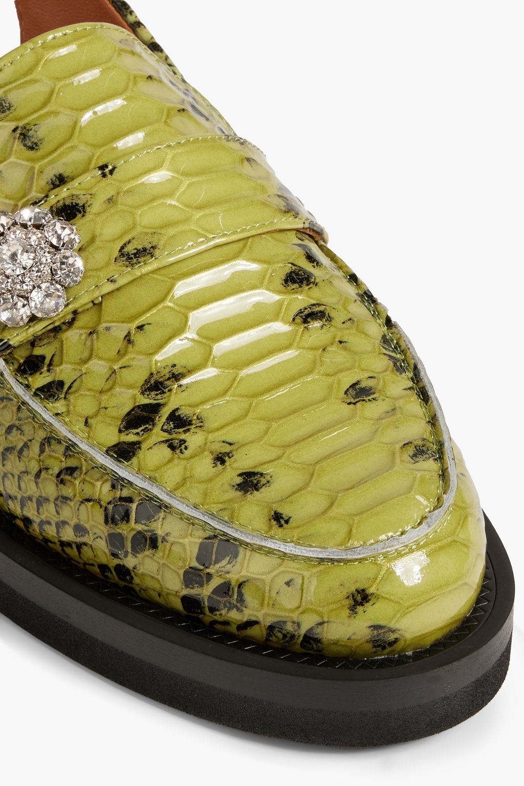 GANNI Crystal-embellished snake-effect leather slingback loafers