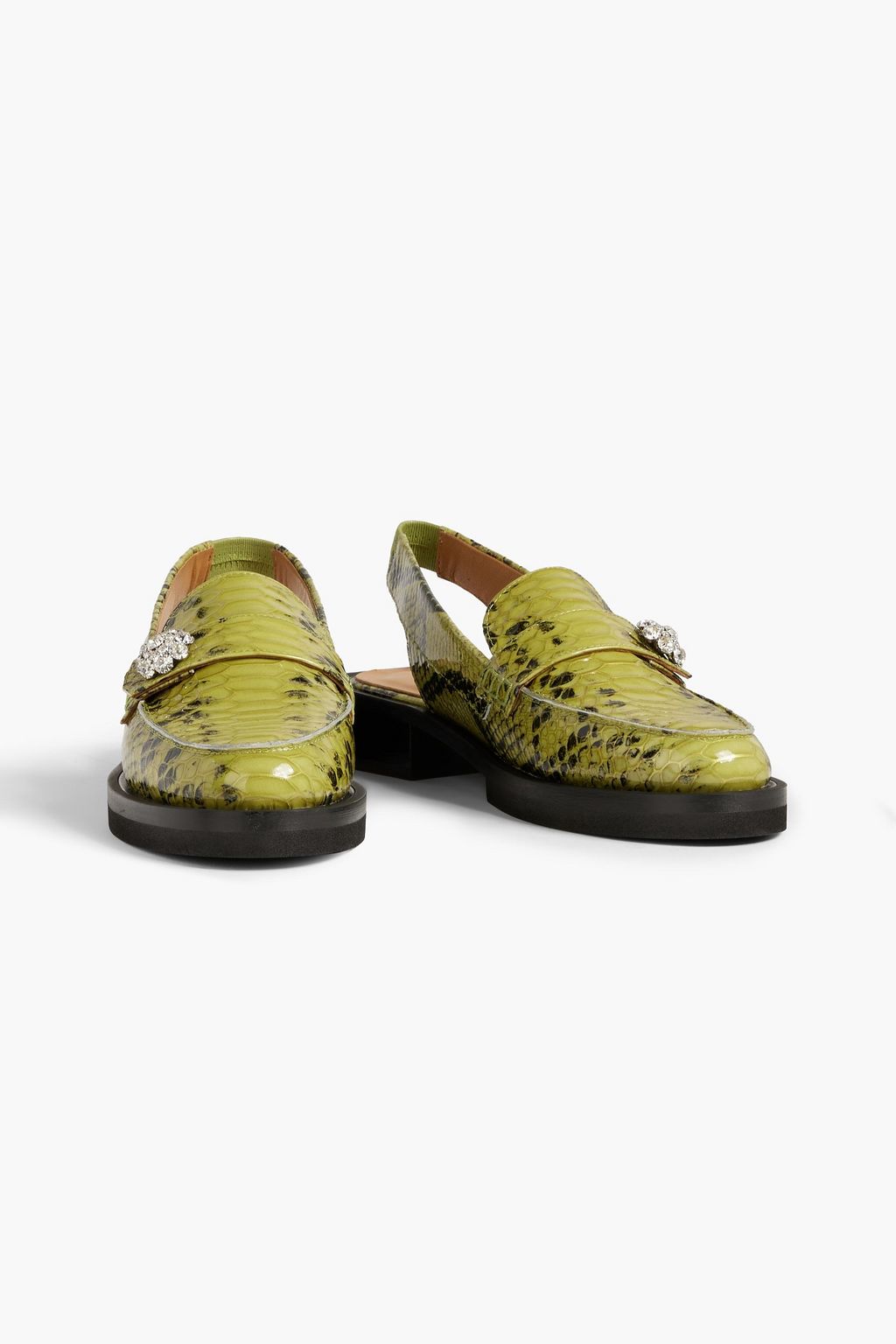 GANNI Crystal-embellished snake-effect leather slingback loafers