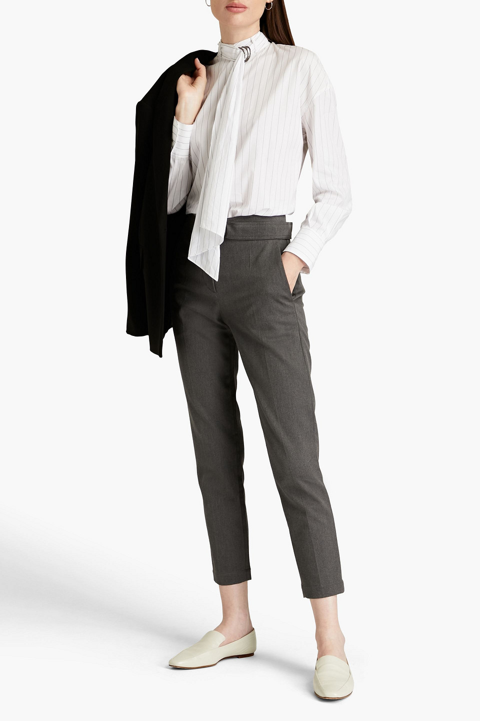 Brunello Cucinelli Cropped Bead-embellished Cotton-blend Drill Slim-leg Trousers In Grey