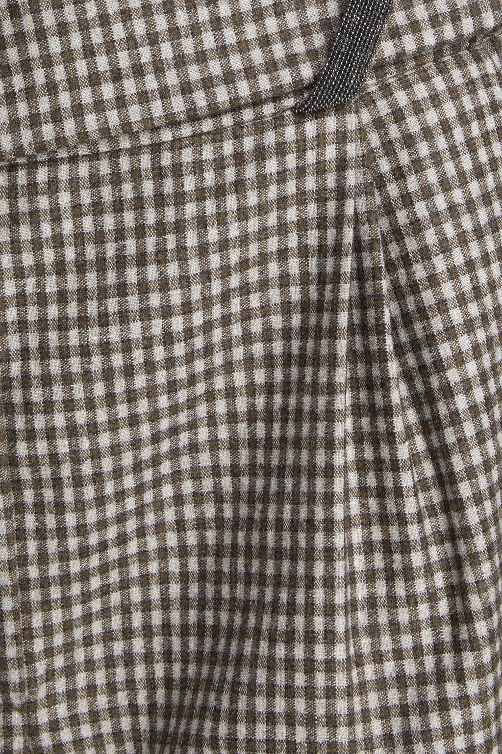 BRUNELLO CUCINELLI Cropped bead-embellished checked wool-blend tapered pants