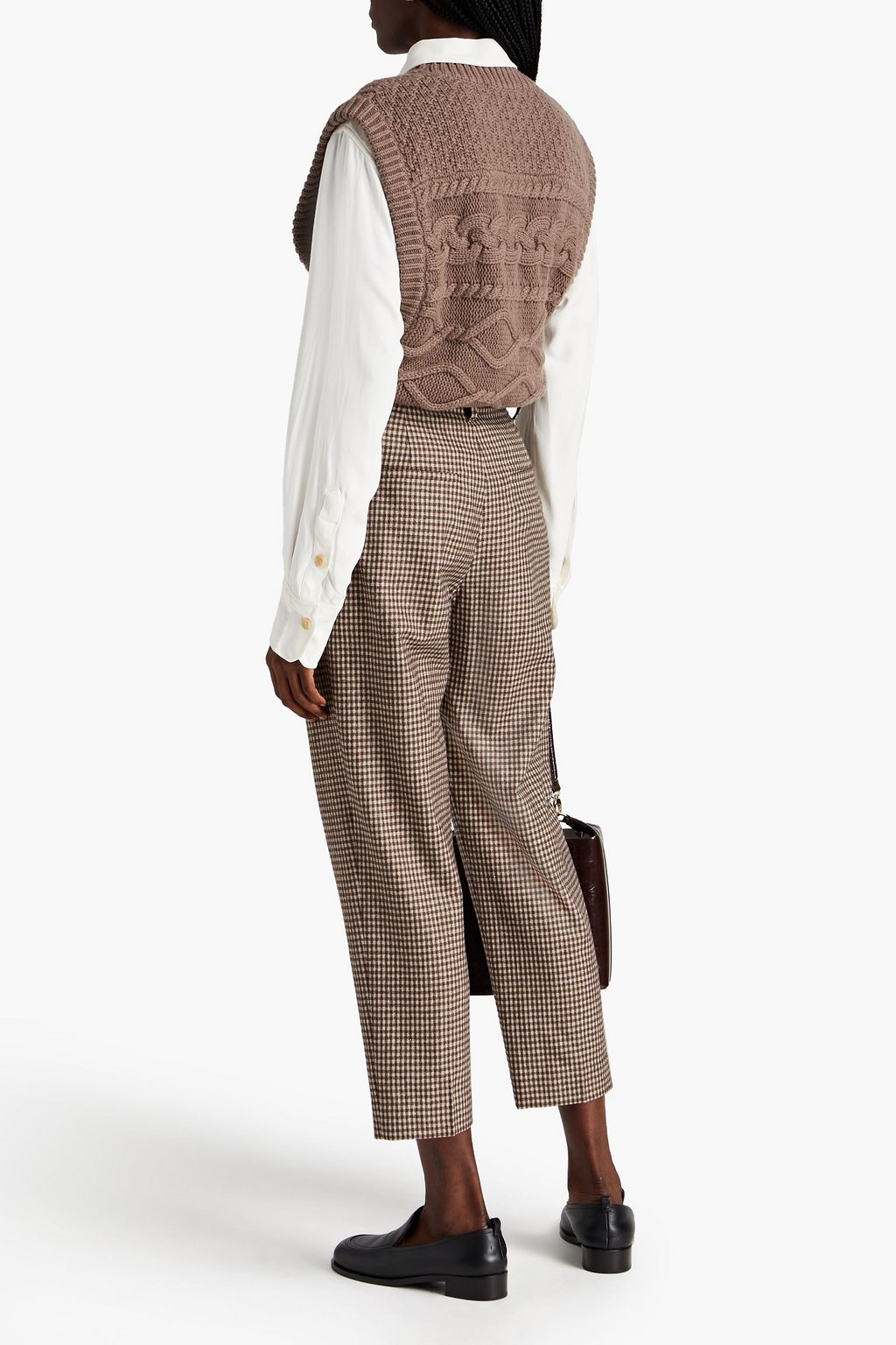 BRUNELLO CUCINELLI Cropped bead-embellished checked wool-blend tapered pants