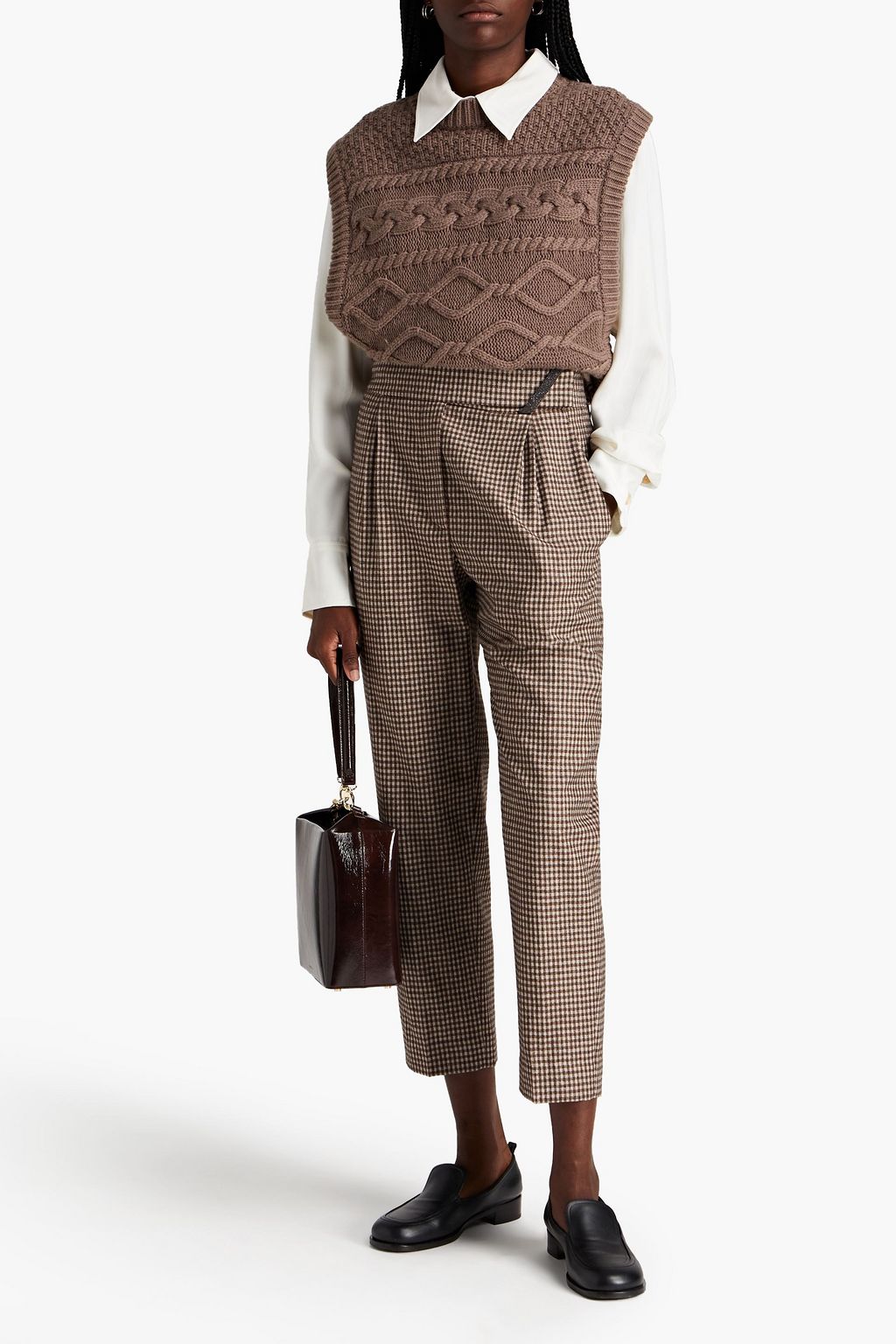 BRUNELLO CUCINELLI Cropped bead-embellished checked wool-blend tapered pants