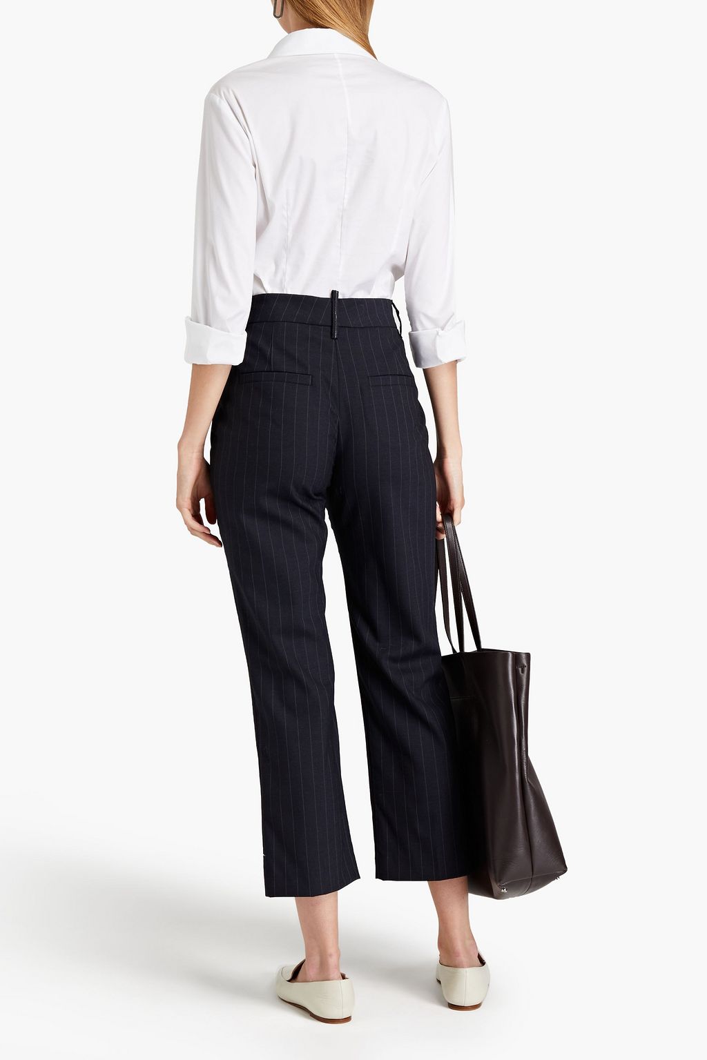 BRUNELLO CUCINELLI Cropped embellished pinstriped wool-blend straight-leg pants