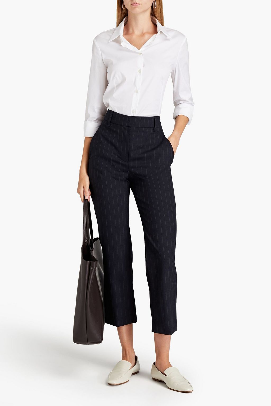 BRUNELLO CUCINELLI Cropped embellished pinstriped wool-blend straight-leg pants