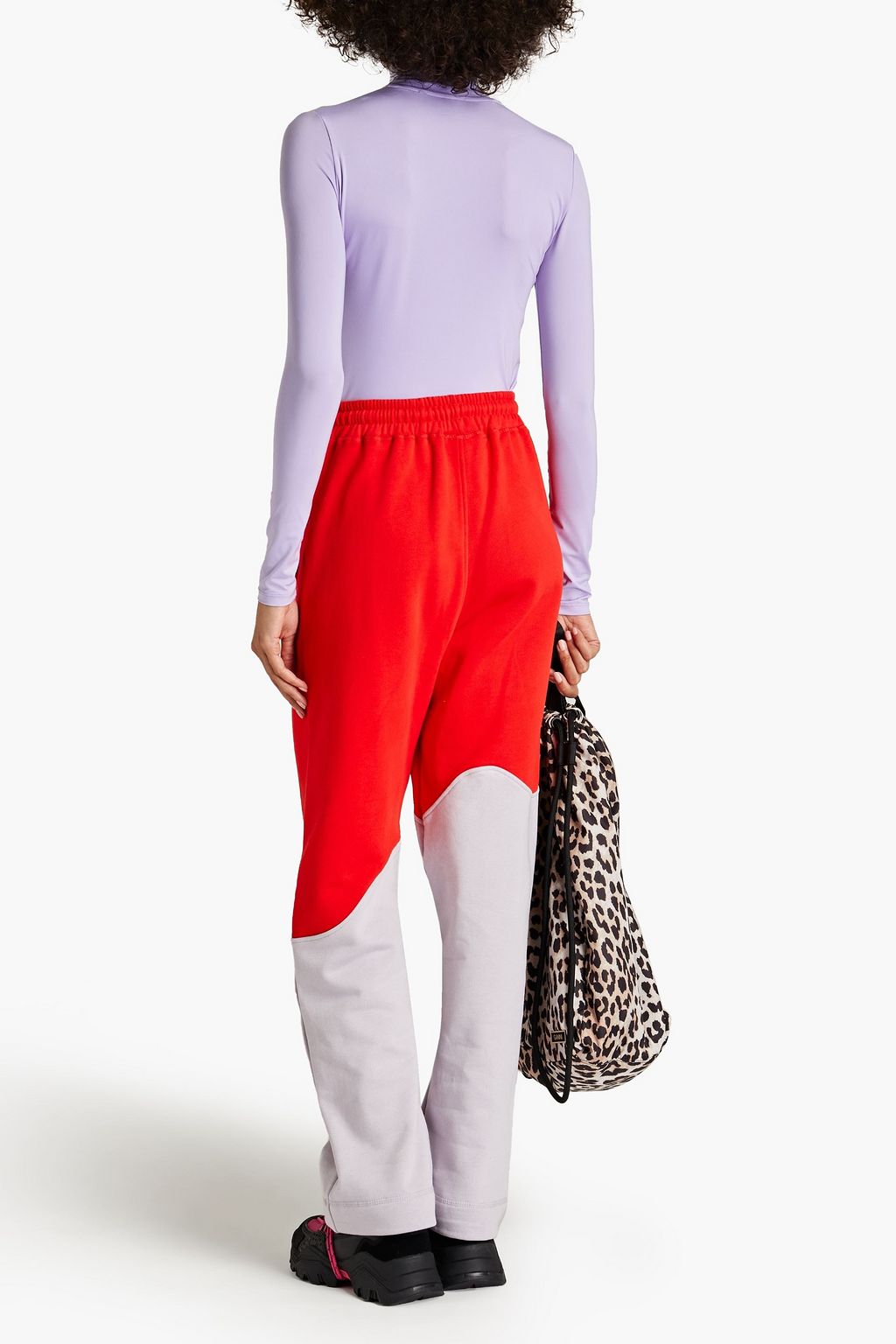 GANNI Embroidered two-tone organic cotton-fleece track pants